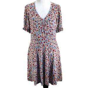 Boden Knit Dress Womens US 8 UK 12 Floral Print V Neck Puff Short Sleeve